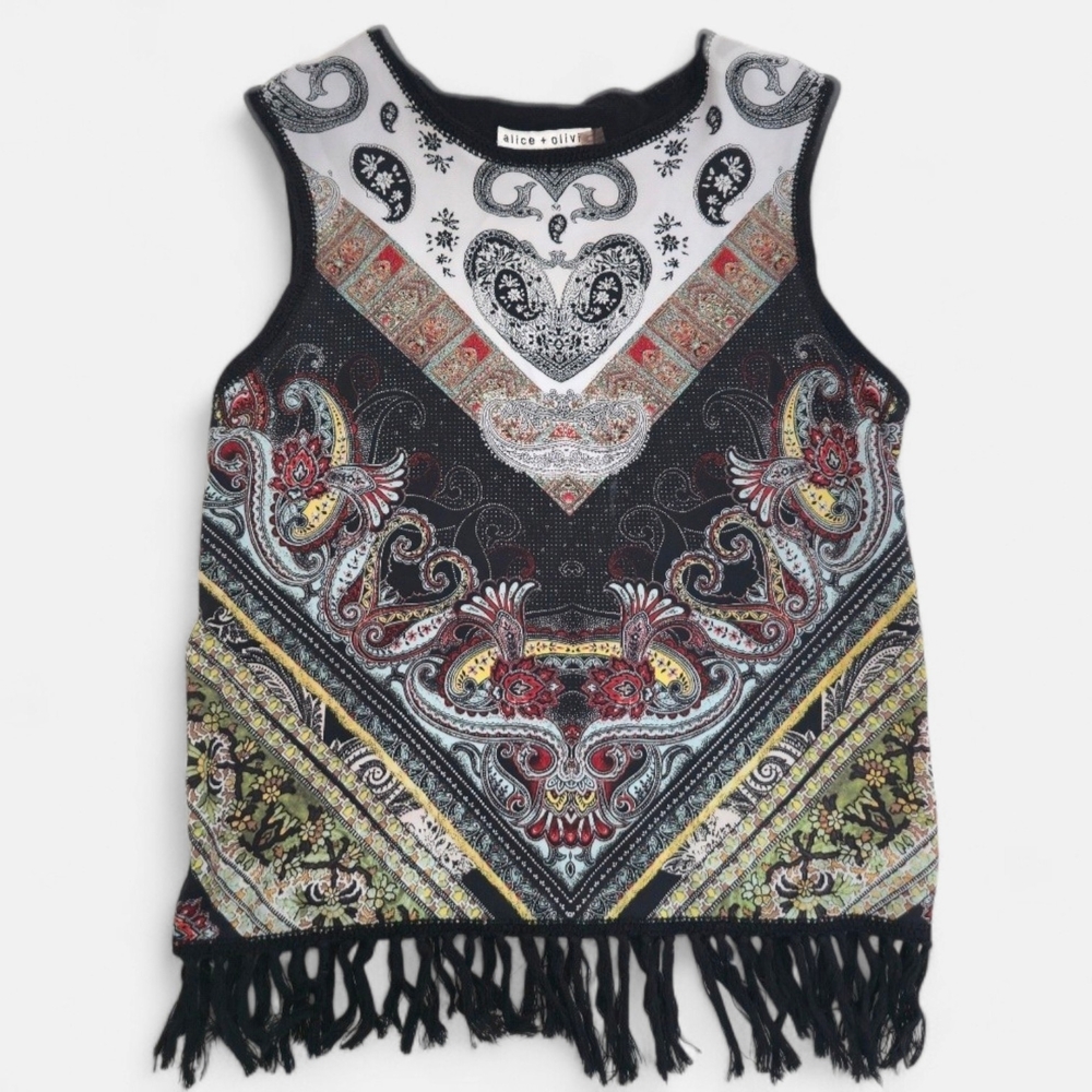 Alice + Olivia Black Colorful Patterned Boho Chic Fringe Top XS